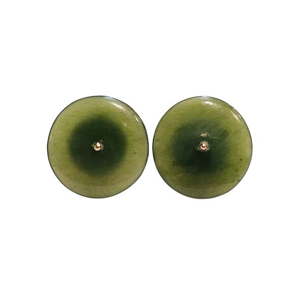 Vintage Translucent Nephrite Jade Disc Stud Earrings in 14K Gold - Picture 1 of 3